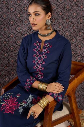 Blue embroidered pure cotton kurta trouser set