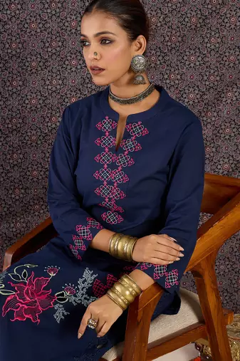 Blue embroidered pure cotton kurta trouser set