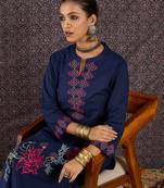 Blue embroidered pure cotton kurta trouser set