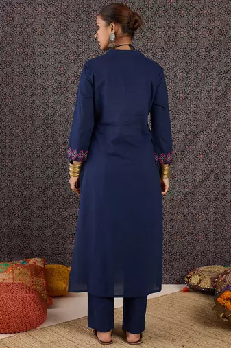 Blue embroidered pure cotton kurta trouser set