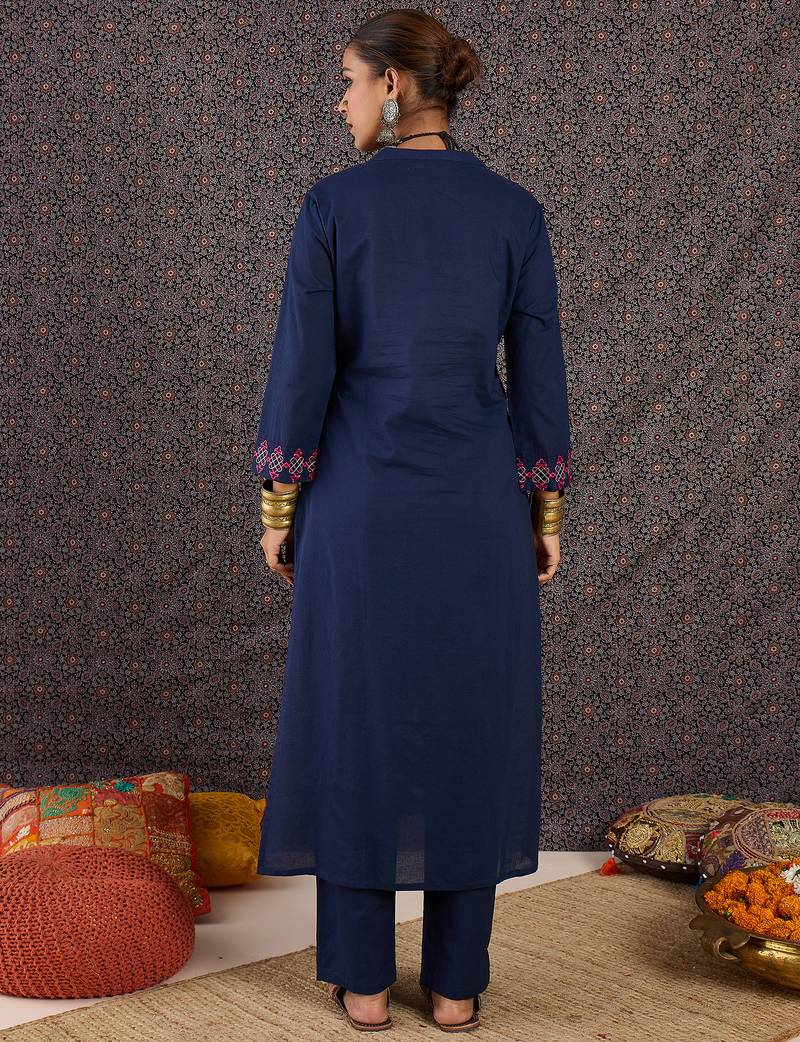 Blue embroidered pure cotton kurta trouser set
