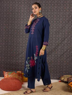 Blue embroidered pure cotton kurta trouser set 3