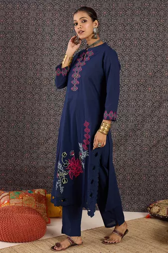 Blue embroidered pure cotton kurta trouser set
