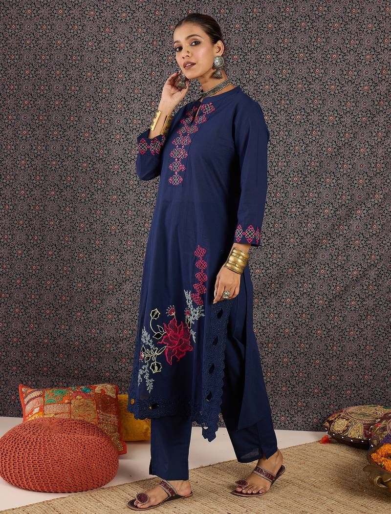 Blue embroidered pure cotton kurta trouser set