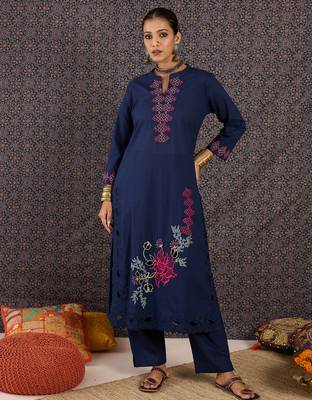 Blue embroidered pure cotton kurta trouser set 4