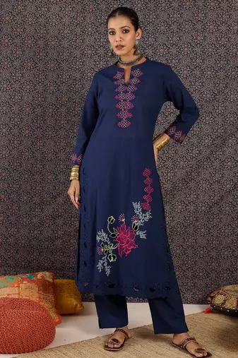 Blue embroidered pure cotton kurta trouser set