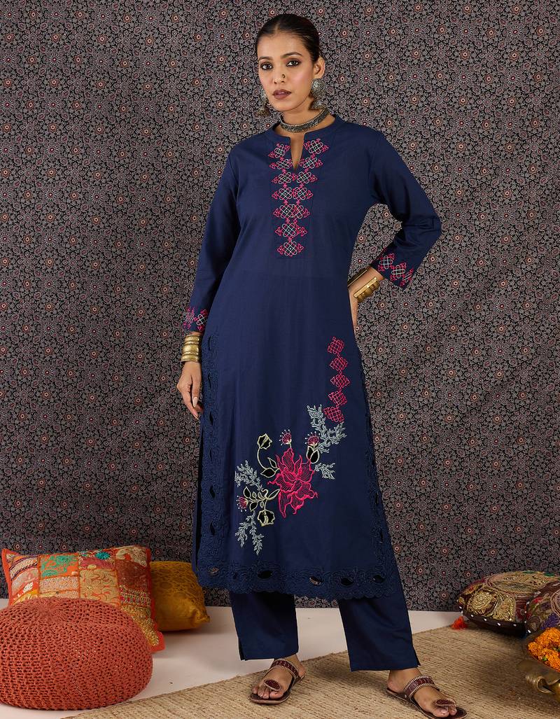 Blue embroidered pure cotton kurta trouser set