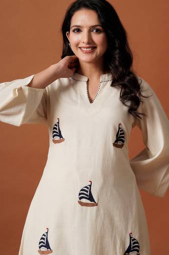 Off white embroidered pure cotton kurta trouser set