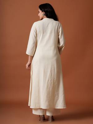 Off white embroidered pure cotton kurta trouser set 2