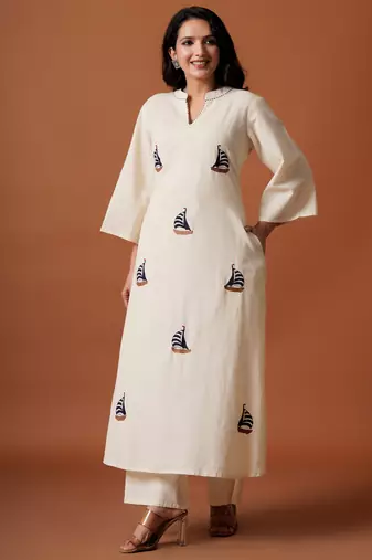 Off white embroidered pure cotton kurta trouser set