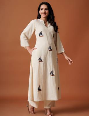 Off white embroidered pure cotton kurta trouser set 4