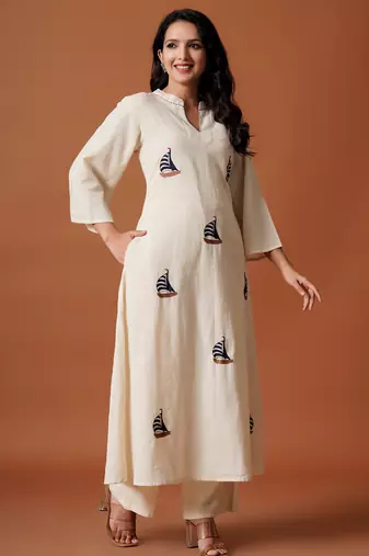 Off white embroidered pure cotton kurta trouser set