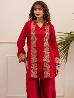 Red embroidered viscose rayon kurta trouser set 1
