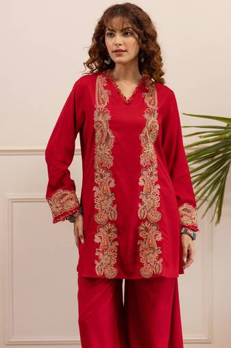 Red embroidered viscose rayon kurta trouser set