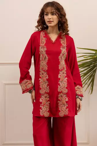 Red embroidered viscose rayon kurta trouser set