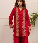 Red embroidered viscose rayon kurta trouser set