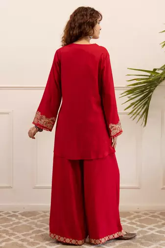 Red embroidered viscose rayon kurta trouser set