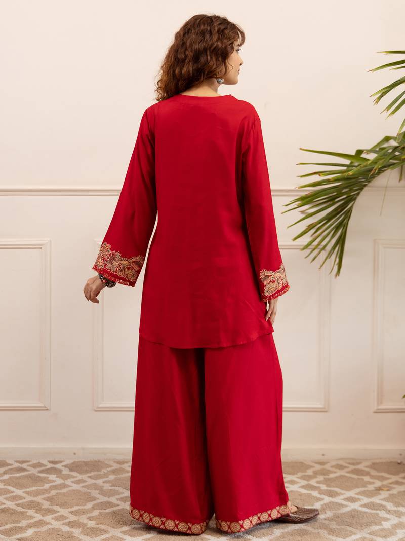 Red embroidered viscose rayon kurta trouser set