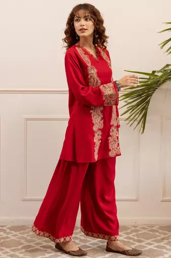 Red embroidered viscose rayon kurta trouser set