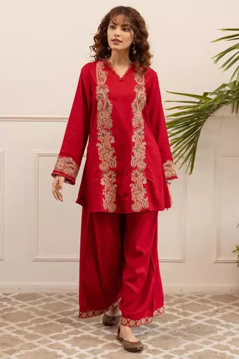 Red embroidered viscose rayon kurta trouser set