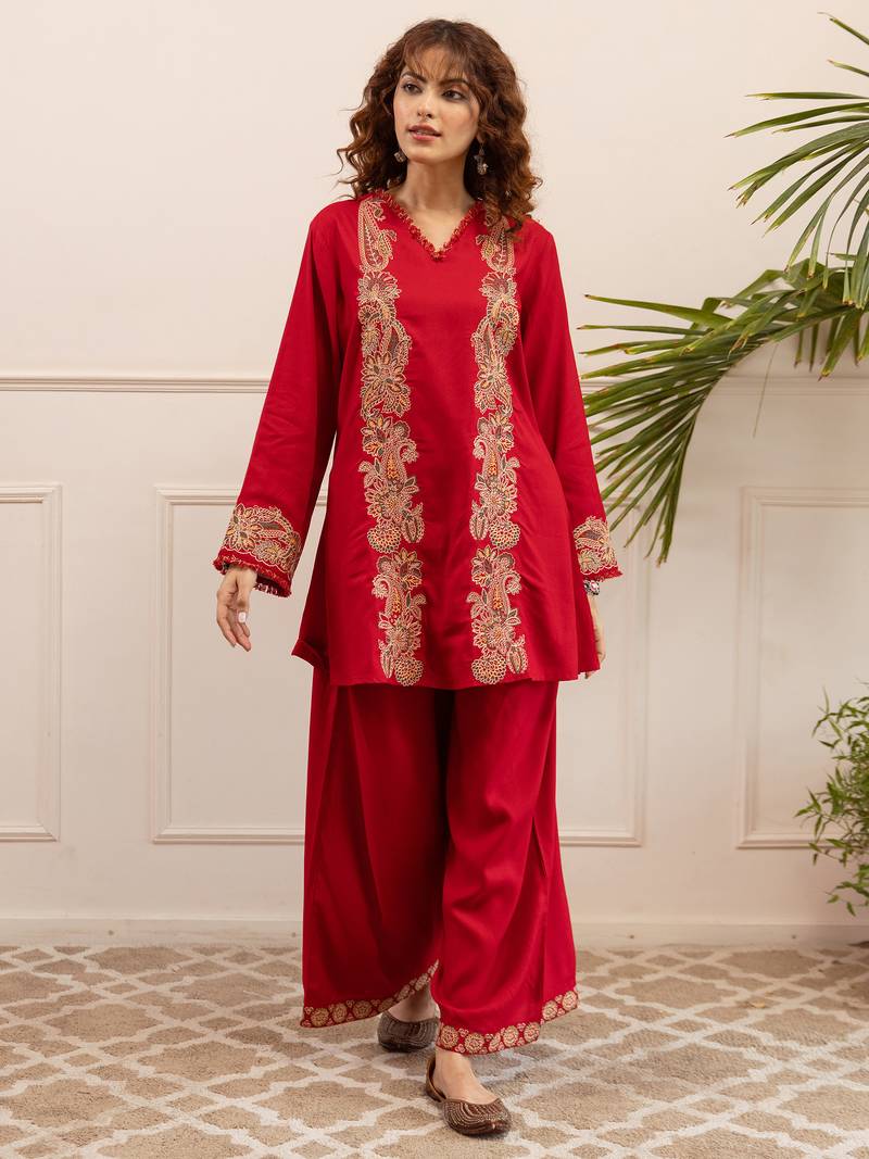 Red embroidered viscose rayon kurta trouser set