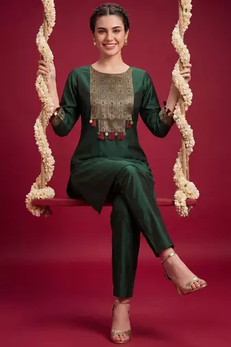 Green printed liva kurta trouser set