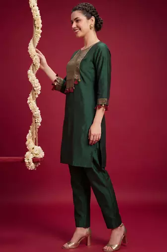Green printed liva kurta trouser set