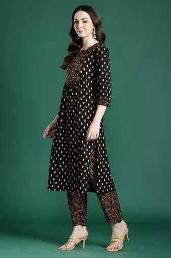 Black printed pure cotton kurta trouser set
