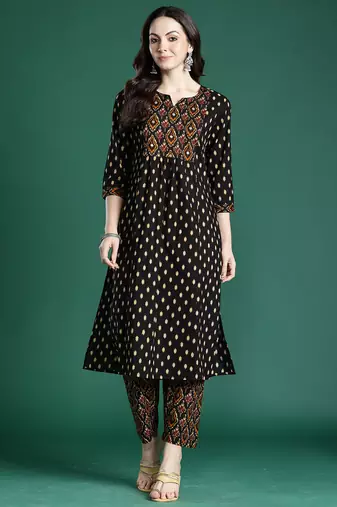Black printed pure cotton kurta trouser set