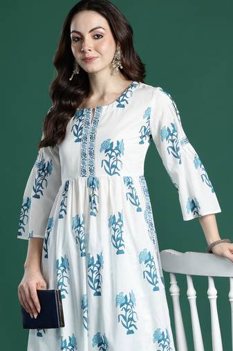 White printed pure cotton kurta trouser set