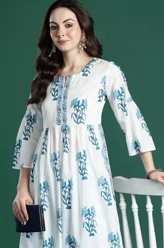 White printed pure cotton kurta trouser set