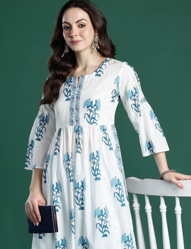 White printed pure cotton kurta trouser set