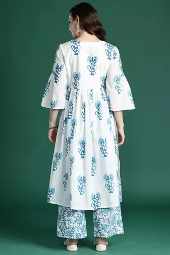 White printed pure cotton kurta trouser set