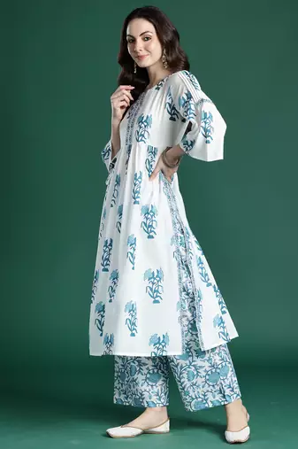 White printed pure cotton kurta trouser set