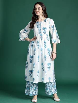 White printed pure cotton kurta trouser set 4