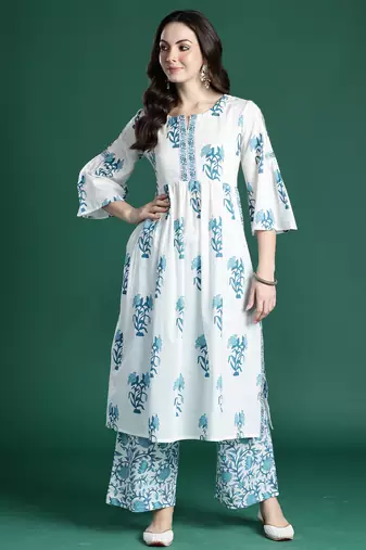 White printed pure cotton kurta trouser set