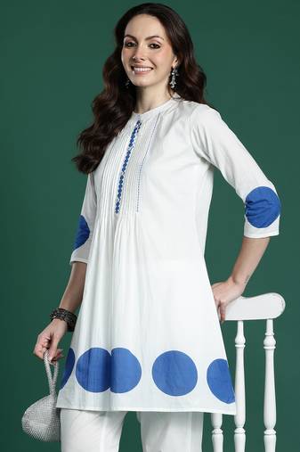 White printed pure cotton kurta trouser set