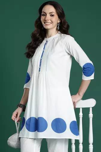 White printed pure cotton kurta trouser set