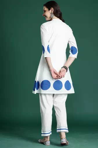 White printed pure cotton kurta trouser set