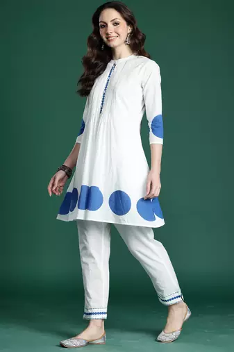 White printed pure cotton kurta trouser set