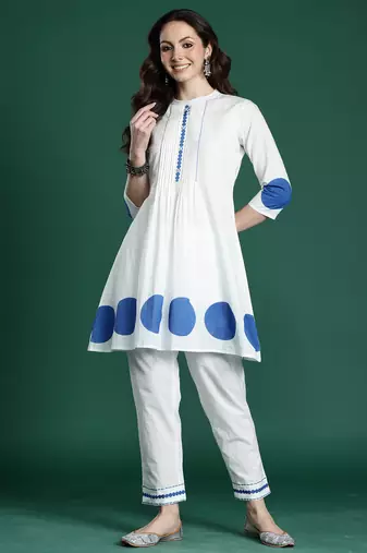 White printed pure cotton kurta trouser set