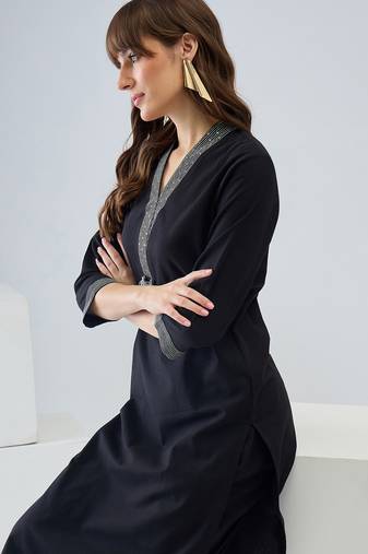 Black embroidered pure cotton kurta trouser set