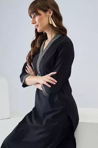 Black embroidered pure cotton kurta trouser set