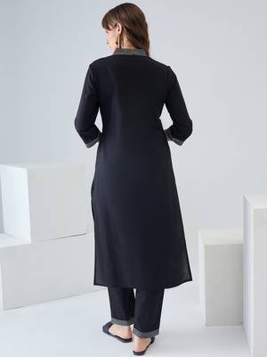 Black embroidered pure cotton kurta trouser set 2