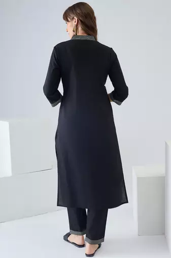 Black embroidered pure cotton kurta trouser set
