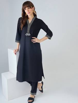 Black embroidered pure cotton kurta trouser set 3