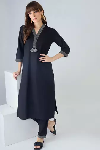 Black embroidered pure cotton kurta trouser set