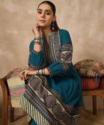 Blue printed pure cotton kurta trouser set 1