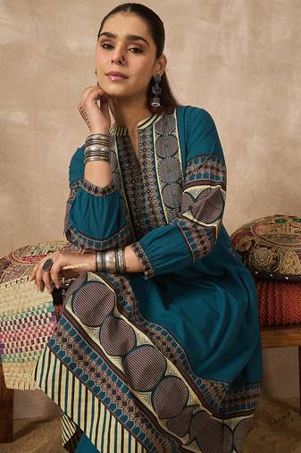 Blue printed pure cotton kurta trouser set
