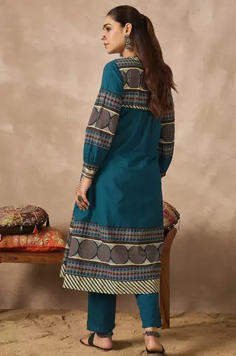 Blue printed pure cotton kurta trouser set